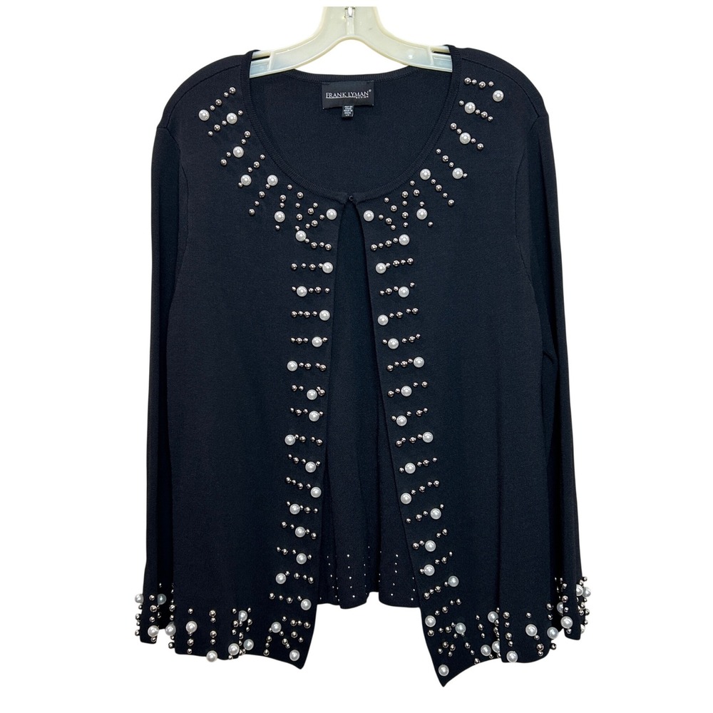 Frank Lyman Cardigan Womens Large Black Pearl Studded Open Front Elegant Glam